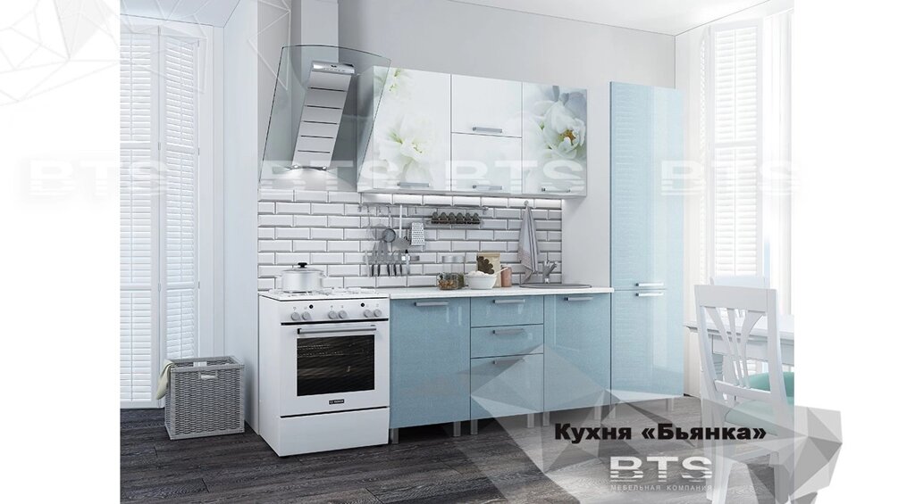 Кухня 2,1м Бьянка (голубые блестки/фотопечать) от компании Мебельный магазин ГОССА - фото 1