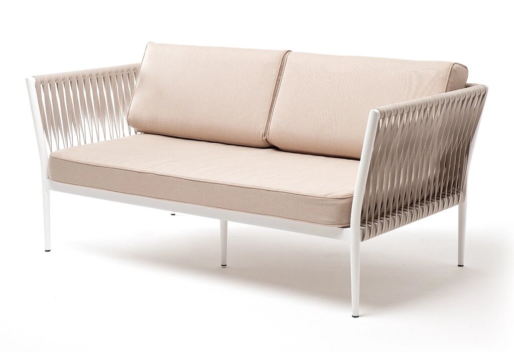"Касабланка" диван 2-местный плетеный из роупа, каркас алюминий белый муар, роуп бежевый 20мм, ткань от компании M-Lion мебель - фото 1