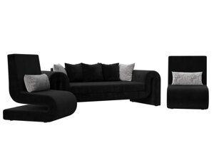 Набор Волна-1 (диван, 2 кресла), велюр, черный