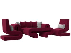 Набор Волна-2 (стол, диван, 2 кресла), микровельвет, бордовый