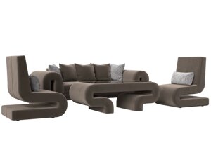 Набор Волна-2 (стол, диван, 2 кресла), велюр, коричневый