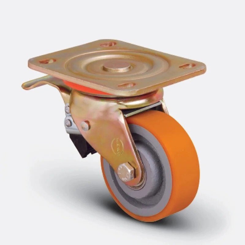 Колесо полиуретановое поворотное с тормозом 100 мм, диск-чугун от компании Группа компаний Проторг - фото 1