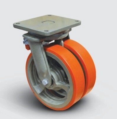 Колесо полиуретановое сдвоенное поворотное с тормозом 250 мм, диск-чугун от компании Группа компаний Проторг - фото 1