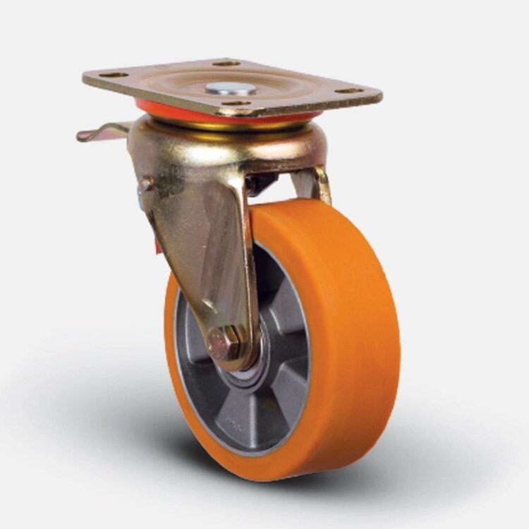Колесо полуретановое поворотное с тормозом 100 мм, диск алюминий от компании Группа компаний Проторг - фото 1