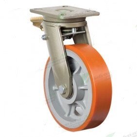 Колесо сверхмощное полиуретановое поворотное с тормозом 300 мм, диск-чугун