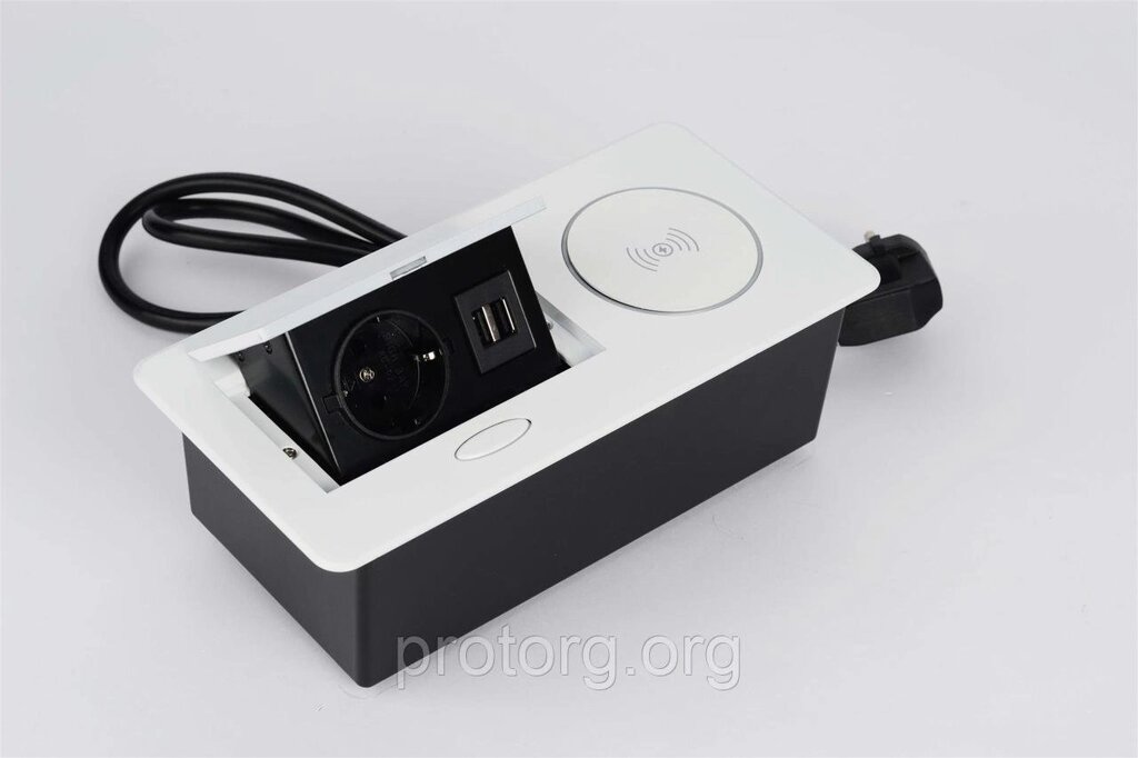 SETE Выдвижная розетка прямоугольная, 1 гнездо, 2*USB, беспроводная зарядка белый от компании Группа компаний Проторг - фото 1
