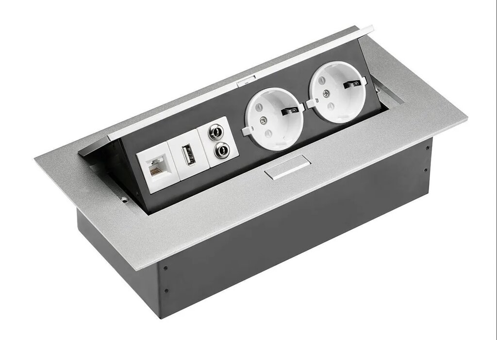 Выдвижная розетка прямоугольная, 2 гнезда, USB, аудио in/out, Ethernet, серебро от компании ООО "Проторг+" - фото 1
