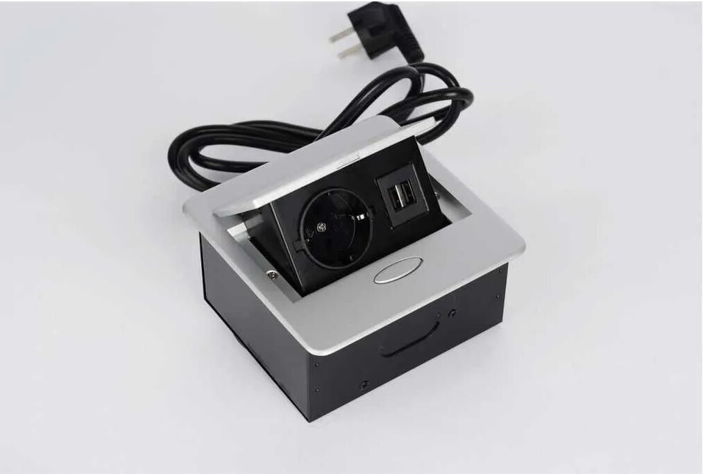 Выдвижная розетка прямоугольная, удлинитель 1 гнездо, 2*USB, с кабелем, цвет серый от компании Группа компаний Проторг - фото 1