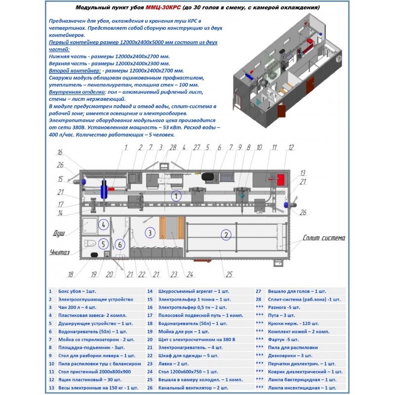Модульный пункт убоя ММЦ 30КРС (крупнорогатого скота 30 голов в смену) от компании ООО «ХолодПрофи» - фото 1