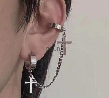 Двойные серьги - пирсинг с крестом в ухо от компании R.R.R. Бижутерия и украшения оптом - фото 1