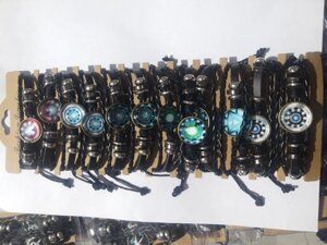 Кожаный плетеный браслет на руку со вставками талисман