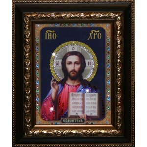 Икона "Христос Спаситель" с кристаллами Swarovski, в черной раме