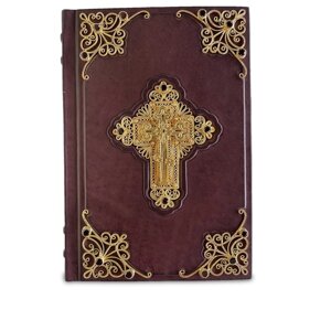 Книга подарочная в кожаном переплете из позолоты с гранатами в замшевой шкатулке "Библия"