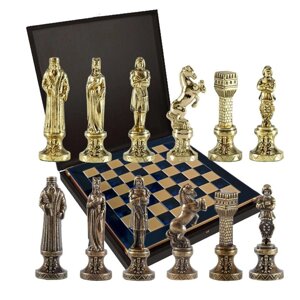 Шахматы "Эпоха возрождения" в кейсе (синяя доска, фигуры золото-бронза), средние