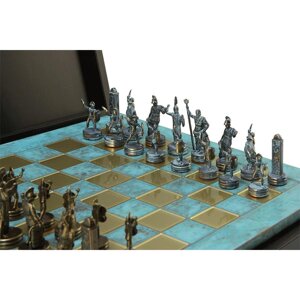 Шахматы "Троянские воины" в кейсе (синяя доска с патиной, фигуры патина-бронза), средние