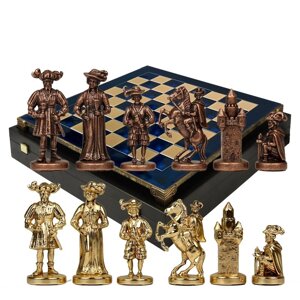 Шахматы "Время меченосцев" в кейсе (синяя доска, фигуры золото-бронза), большие