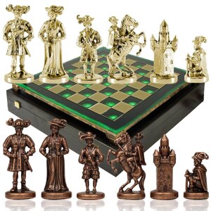 Шахматы "Время меченосцев" в кейсе (зеленая доска, фигуры золото-бронза), большие