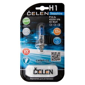 Галогенная лампа CELEN H1 43250 SPB 12V 55W Halogen Sapphire (синяя) + 35% Long life, UV-stop, перчатка