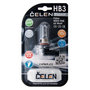 Галогенная лампа CELEN HB3 4005 FNB 12V 65W Halogen Fianit (прозрачная) + 35% Long life, UV-stop, перчатка