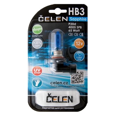 Галогенная лампа CELEN HB3 4005 SPB 12V 65W Halogen Sapphire (синяя) + 35% Long life, UV-stop + перчатка от компании Интернет-магазин "1000 рамок" - фото 1