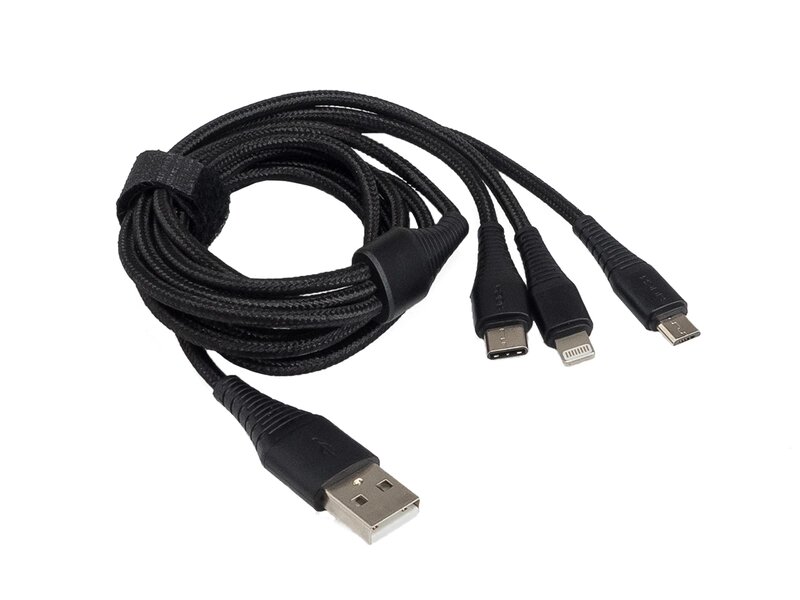 Кабель Aura TPC-U31B USB-micro/USB C/Lighting, 12 В, длина 1,2 м, цвет чёрный от компании Интернет-магазин "1000 рамок" - фото 1