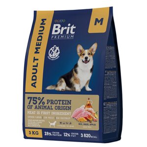 Brit Premium Dog Adult Medium с курицей для взрослых собак средних пород (10–25 кг), 3 кг.