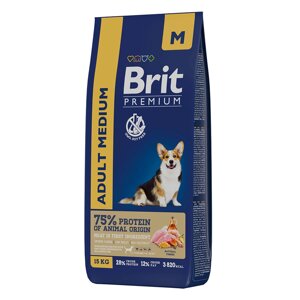 Brit Premium Dog Adult Medium с курицей для взрослых собак средних пород (10–25 кг), 15 кг.