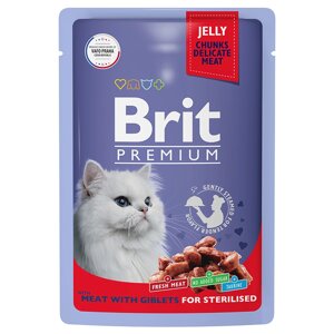 Brit Premium Пауч для взрослых стерилизованных кошек мясное ассорти с потрошками в желе 85 гр.
