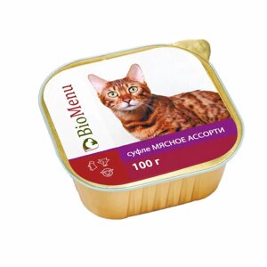 BioMenu консервы для кошек Суфле Мясное ассорти, ламистер 100 гр.
