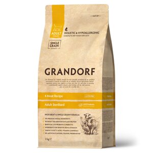 Grandorf 4 Meat Recipe Adult Sterilised, 4 вида мяса для взрослых стерилизованных или пожилых кошек.