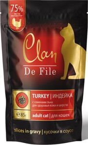 CLAN De File пауч кусочки в соусе для кошек креветки и семена льна