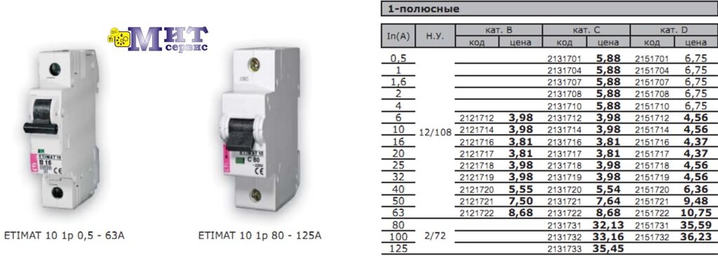 Автоматические выключатели ETIMAT 10 AC (Icu-10kА) 1-полюсной от компании ООО "Мит-Сервис". - фото 1