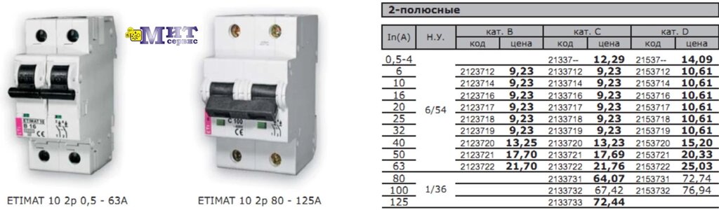 Автоматические выключатели ETIMAT 10 AC (Icu-10kА) 2-полюсной от компании ООО "Мит-Сервис". - фото 1