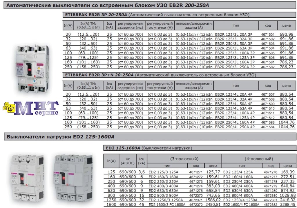 Автоматические выключатели со встроенным блоком УЗО EB2R 200-250А       Выключатели нагрузки ED2 125-1600A от компании ООО "Мит-Сервис". - фото 1