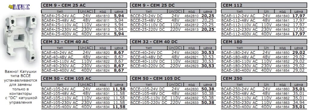 Катушки управления для контакторов CEM от компании ООО "Мит-Сервис". - фото 1
