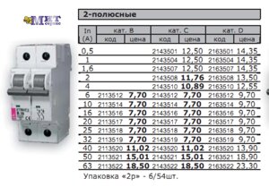 Автоматические выключатели ETIMAT 6 AC (Icu-6kА) 2-полюсной