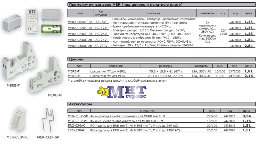 Релейное оборудование ETIREL / Промежуточные реле MER (под цоколь и печатную плату) - гарантия