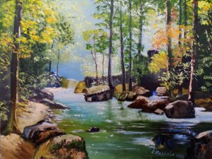 Картина маслом на холсте "река в лесу"