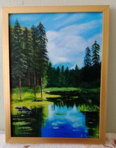 Картина маслом " Озеро в лесу"