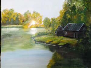 Картина маслом "Рассвет на озере"