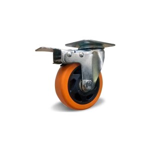 Колесо поворотное с тормозом оранжевая резина 100 мм