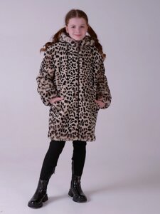 Детская шуба из мутона "Ника" сливочная леопардовая МЦ-051 "Зимняя принцесса"