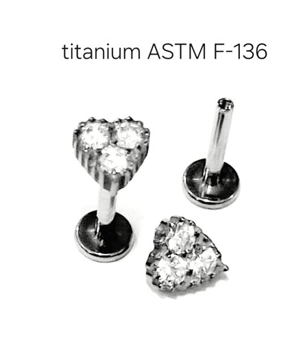 Лабреты для пирсинга 1.2*8 мм из титанового сплава ASTM F-136 с внутренней резьбой с кристаллами "сердечко"