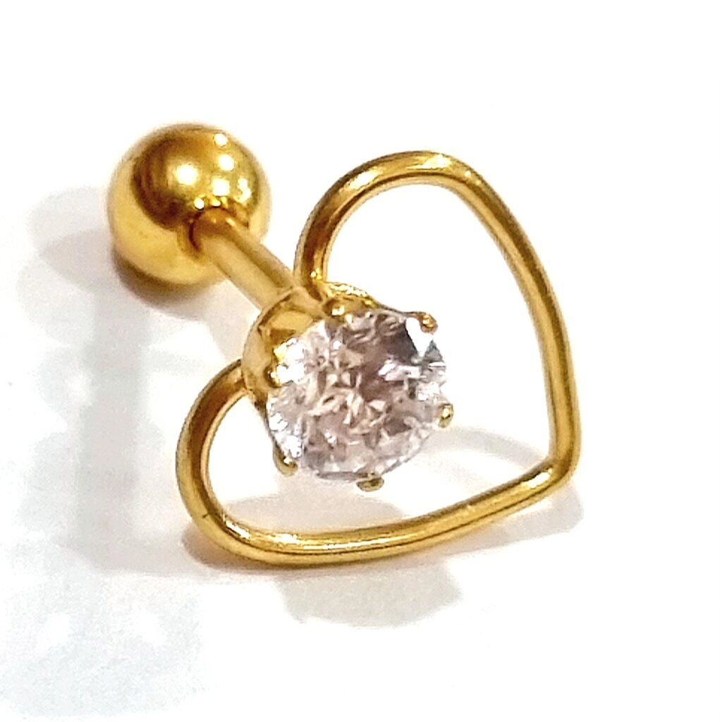 Серьга из хирургической стали 316L gold "сердечко с кристаллом" 1,2*6*(4 шарик)/(4 кристалл)/(10 сердце) мм от компании пирсинг оптом - фото 1