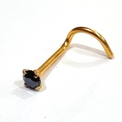 Серьги для пирсинга носа 0,8*6,5*2 мм из хирургической стали 316L gold с черным кристаллом