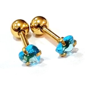 Серьги с кристаллом AQUA 4 мм "сердечко" из хирургической стали 316L gold