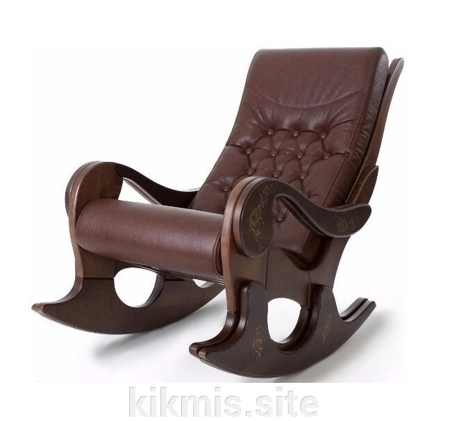 Деревянное кресло-качалка "Грация" орех/нат кожа коричневая (с росписью) от компании Интернет - магазин Kikmis - фото 1