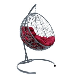 Подвесное кресло M-group КРУГ с ротангом серое бордовая подушка