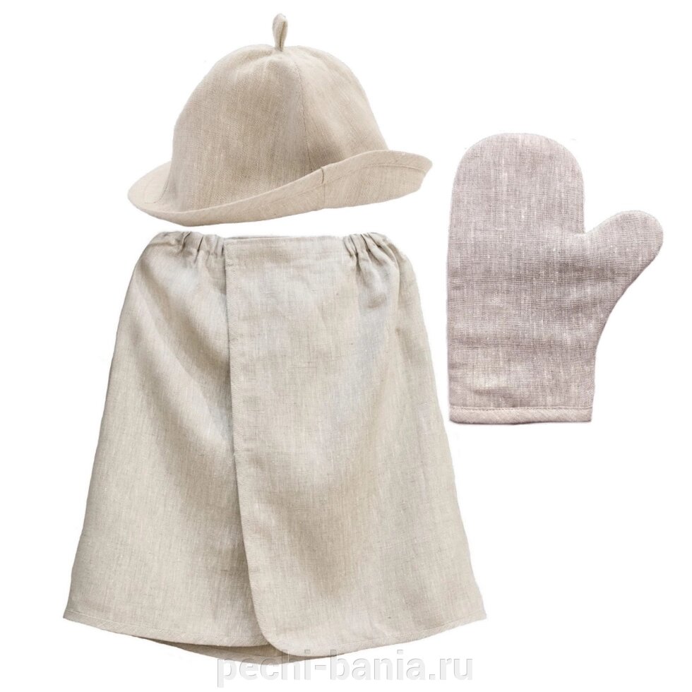 Комплект банный Linen Steam Натюрель (шапка, рукавица, килт) от компании ООО "Ателье Саун" - фото 1