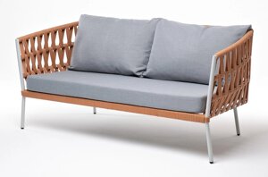 "Диего" диван 2-местный плетеный из роупа, каркас алюминий светло-серый (RAL7035) шагрень, роуп оранжевый меланж